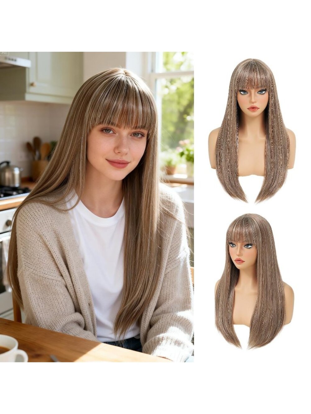 Womens Highlight Blonde 24 Inch Heat Resistant Synthetic Long Straight Bangs Wig